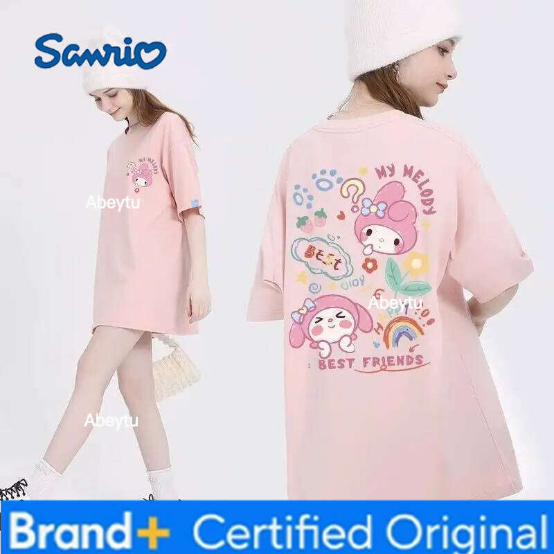 Sanrio Anime My Melody Cinnamoroll Kuromi Short-Sleeved T-Shirt 100% Cotton Summer Cartoon New Round Neck Loose Half-Sleeve H260120