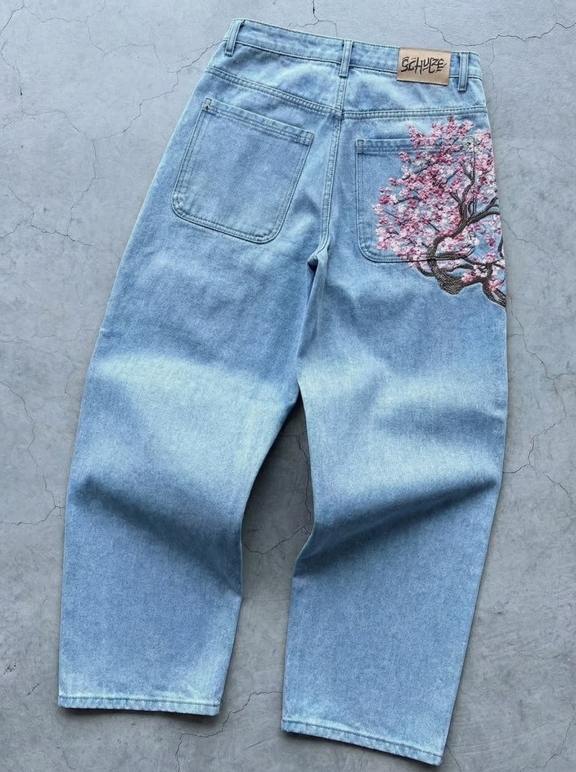 Derschutze Patchwork Cherry Blossom Embroidery Denim Pants Unisex Y2k Vintage Women Baggy Straight Wide Leg Jeans Street Men Clothes
