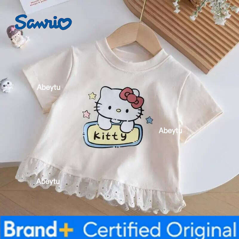 Sanrio Hello Kitty Short Sleeve Blouse with Lace Trim Baby Girls Summer Tee Season Korean Style New Bow Sweet Cute T-Shirt H260120