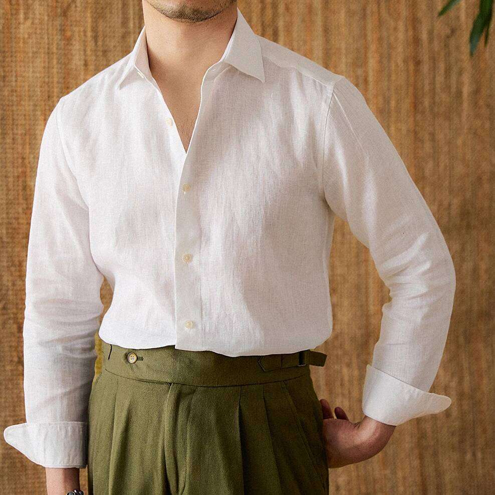 Mr. Lu San White 100% Linen Italian-Style Eight-Collar Long-Sleeved Casual Commuting Breathable Light Luxury Shirt For Men Mdng260120