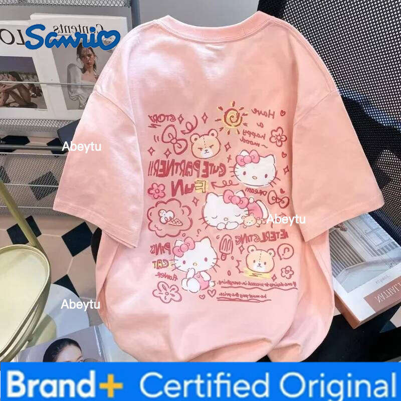 Sanrio 2025 new Printed Pink Cute Graffiti Kitty Cat Short Sleeved T-shirt for Men and Women Quick Drying Top H260120