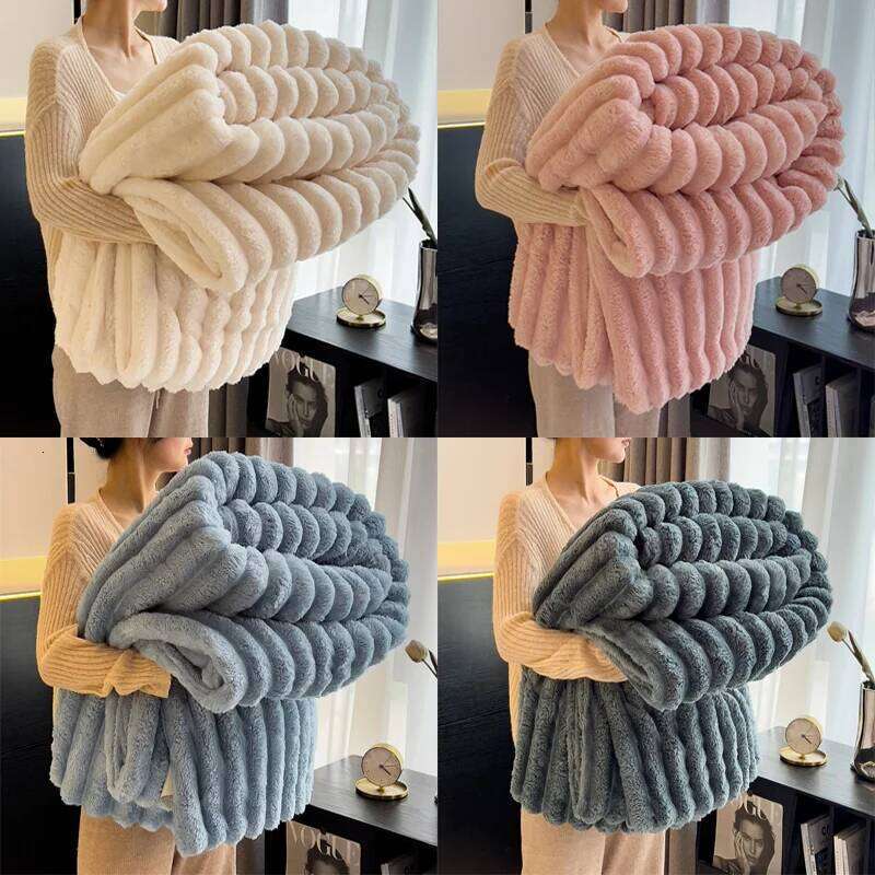 1pc Throw Blanket Bed - 250GSM Soft & Warm Fluffy Blanket, Decorative Striped Blankets for Winter Nap / Sleep W260120