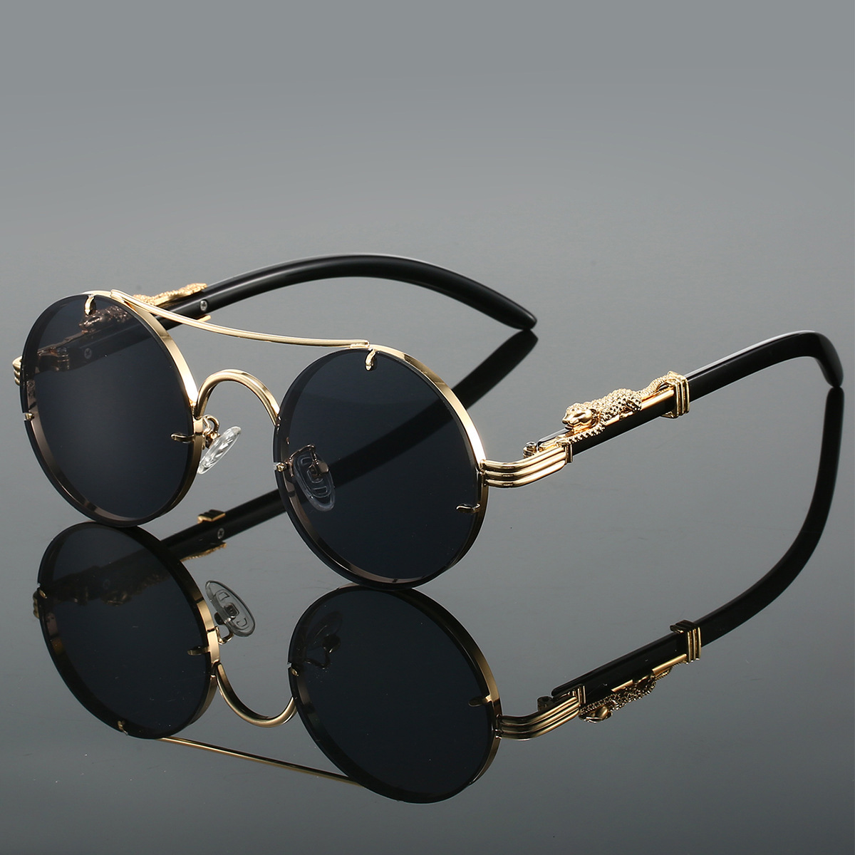 Luxury Brand Designer Sunglasses European And American Retro Double Bridge Leopard Head New Sunglasses Unisex Fashion Trendy Personality Round Frame S