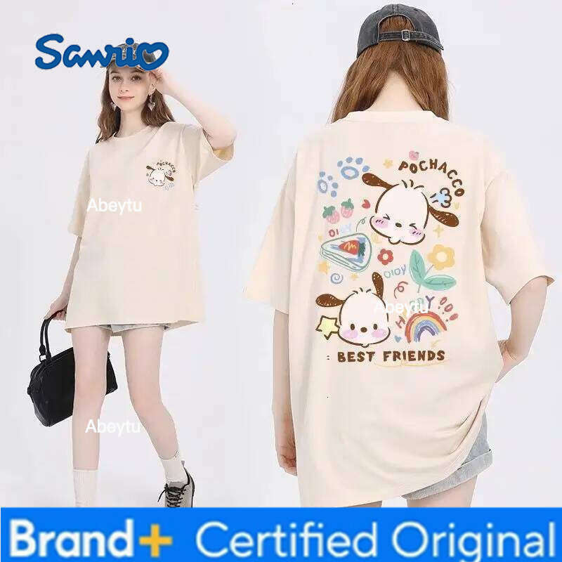 Sanrio Anime My Melody Cinnamoroll Kuromi Short-Sleeved T-Shirt 100% Cotton Summer Cartoon New Round Neck Loose Half-Sleeve H260120