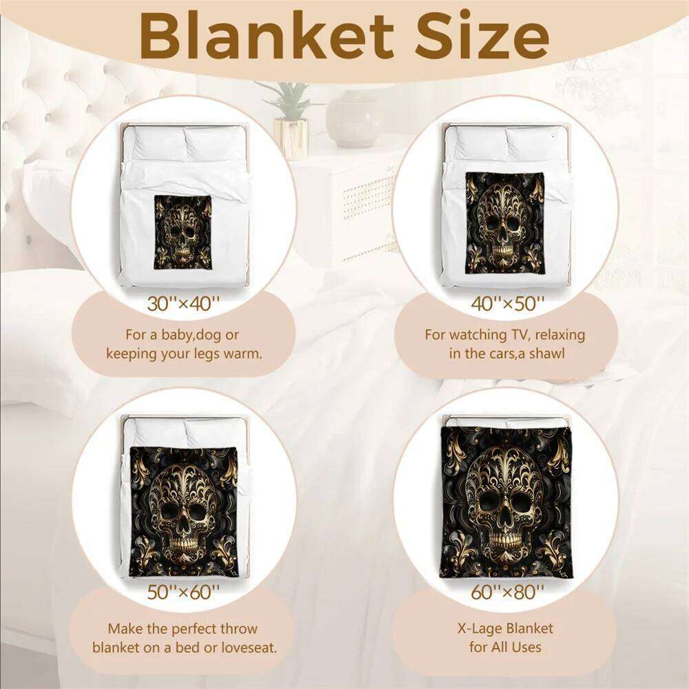 Black and Gold Skull Soft Cozy Warm Winter Flannel Throw Blanket All Seasons for Sofa Bed Room Decor W260120