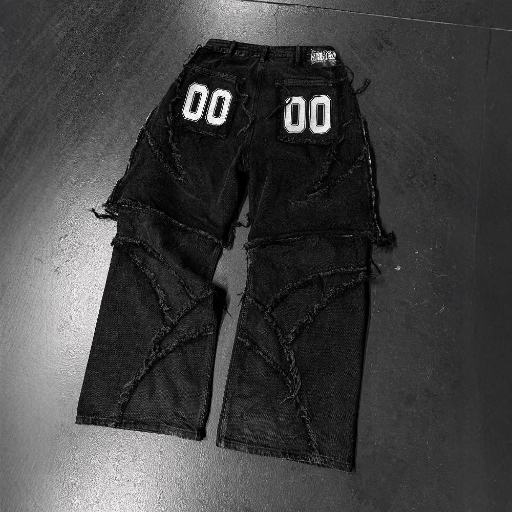 American Y2K Street Style Cozy Zipper Patchwork Detachable Loose Black Jeans Mid-Length Pants