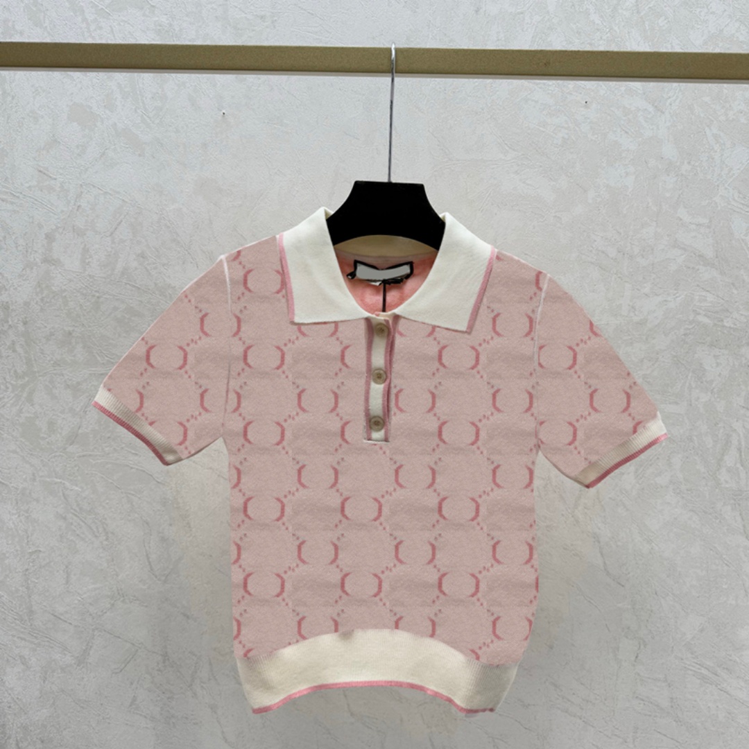 Women Knitted Polos Buttons Front Knit Wear Lapel Neck Short Sleeved Knitwear Luxury Jacquard Letters Pullovers