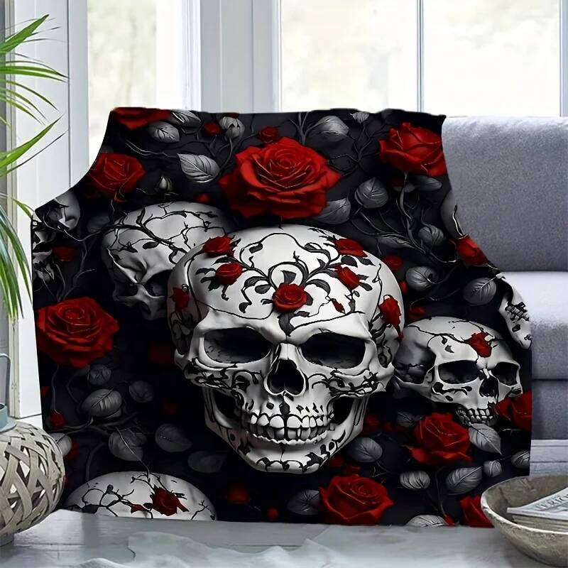 VIKAMA Dark Skeleton Rose Flannel Gothic Style Living Room Sofa Blanket Lunch Break Holiday Decoration Essential W260120