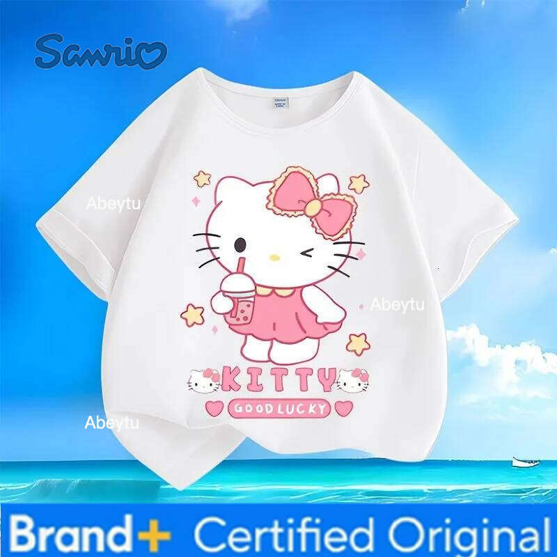Sanrio Special Sale Summer New Hello Kitty Print Kids Tees Skin-friendly Breathable Easy Care Loose Versatile Crew Neck Tops H260120