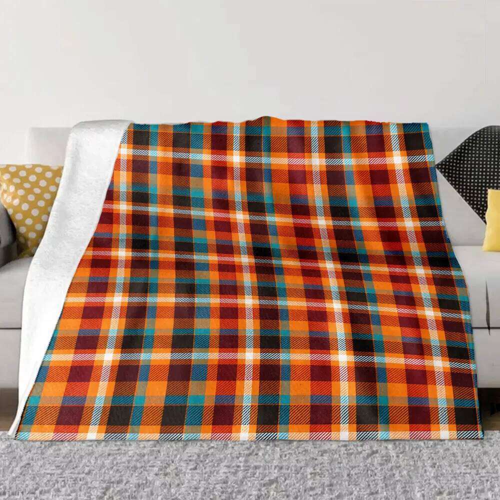 Vibrant Plaid Throw Blanket - Seamless Repeating Pattern with Orange, Red, Blue, Black White Grid, Soft & Cosy for Home Dec W260120