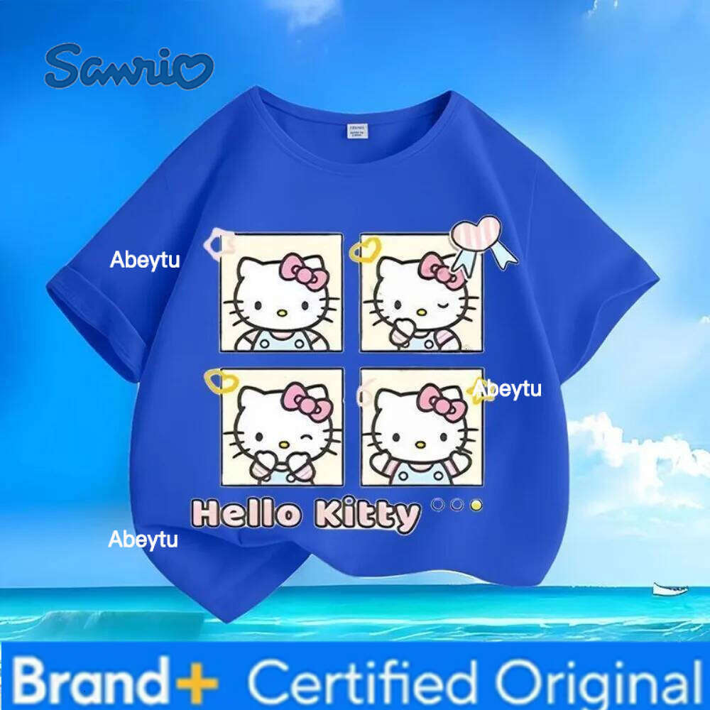 Sanrio New Anime Hello Kitty Print Children's Summer Loose Short Sleeved Round Neck Casual Top T-shirt Comfortable and Skin Friendly H260120