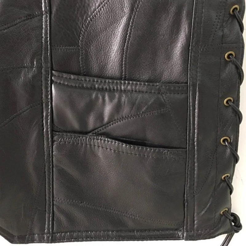 Mens Side Laces Adjustable Black Leather Motorcycle Vest Biker Vests Soft Sheepskin 260109