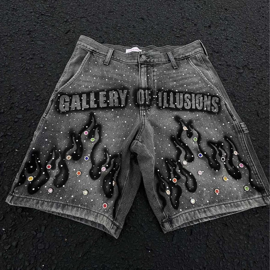 Men's Shorts Tassel Flame Print Pattern Rhinestone Butterfly Decoration Loose Denim Retro American Street Men Women Fashion Jeans