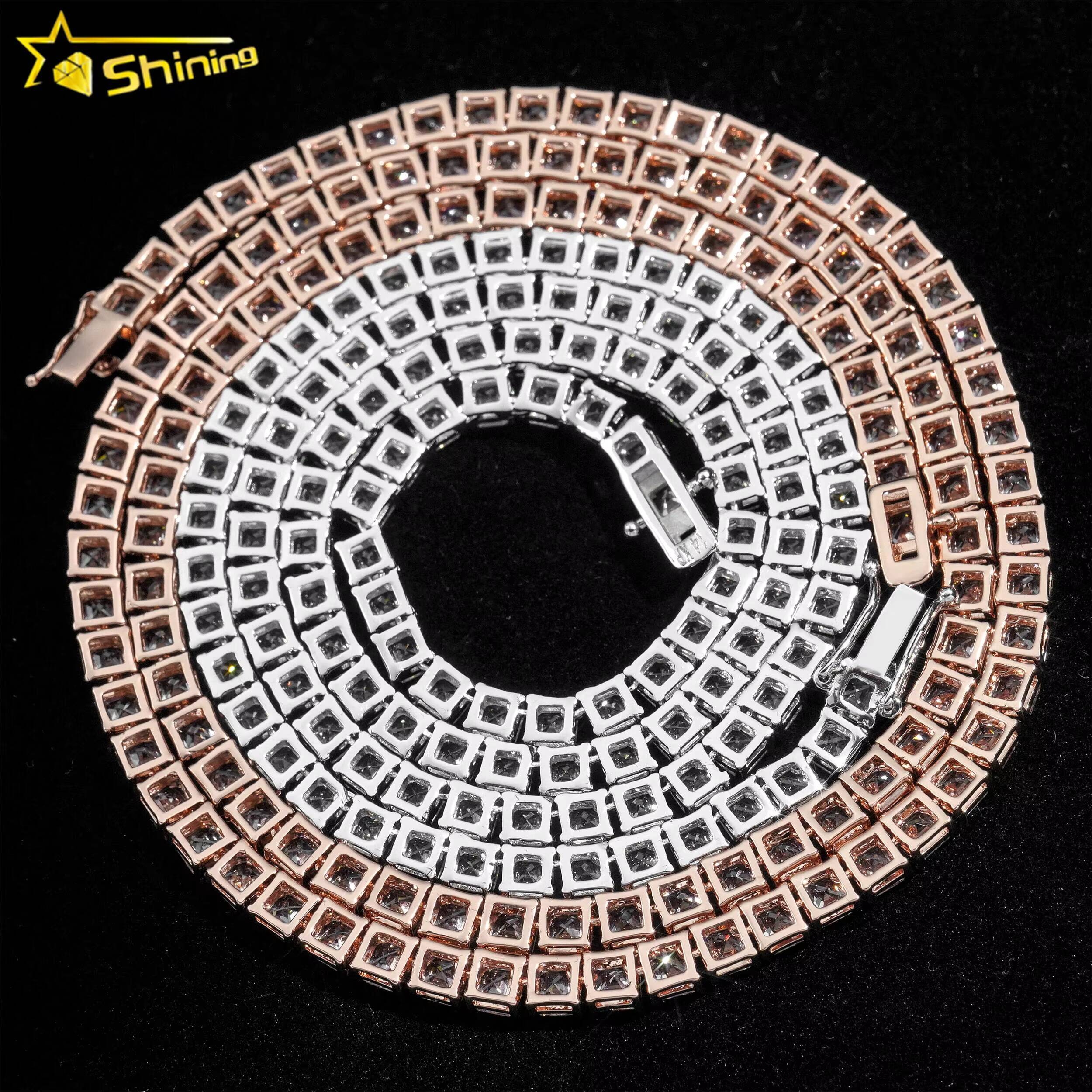 Luxury Bling 925 Sterling Silver Hip Hop Necklace 4mm Asscher Cut Diamond Tennis Chain Moissanite Tennis Necklace