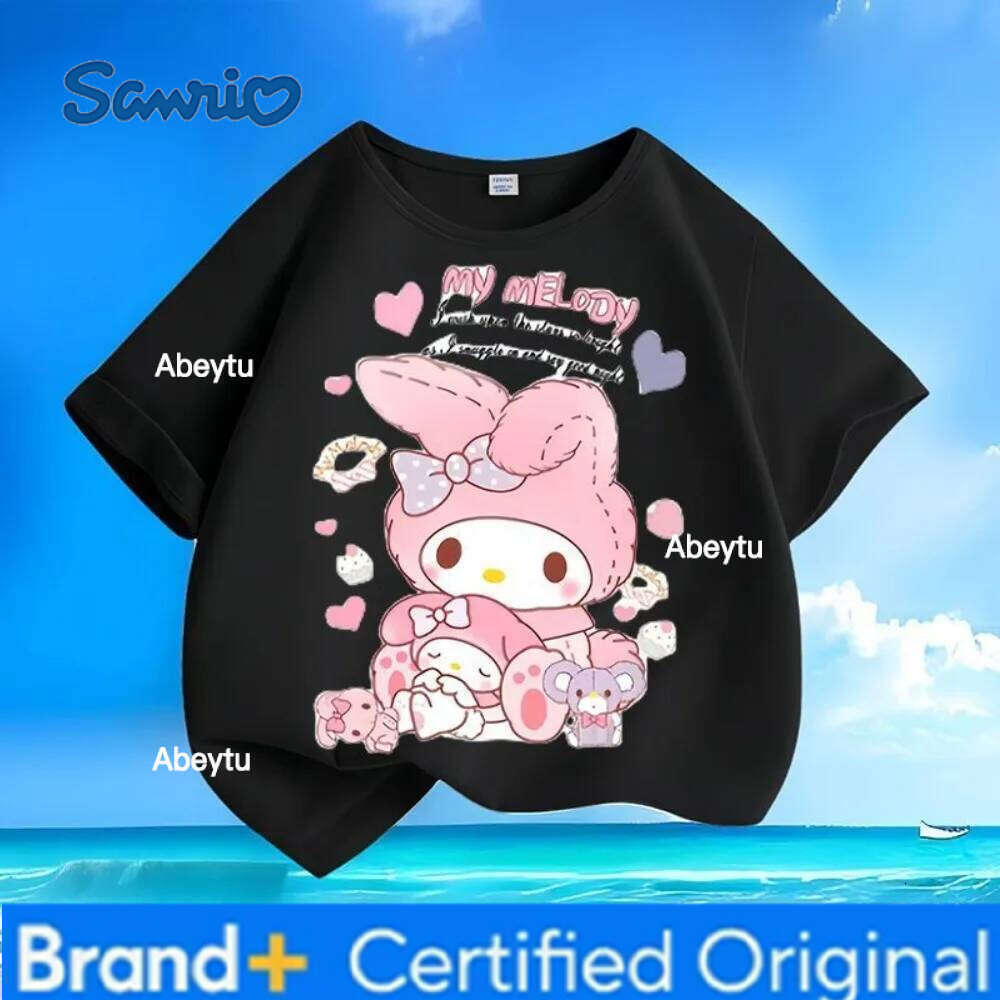 Sanrio Sweet and Cute Melody Printed Summer New Collection Children's Short Sleeve T-shirt Round Neck Versatile Top Girl Clothes H260120