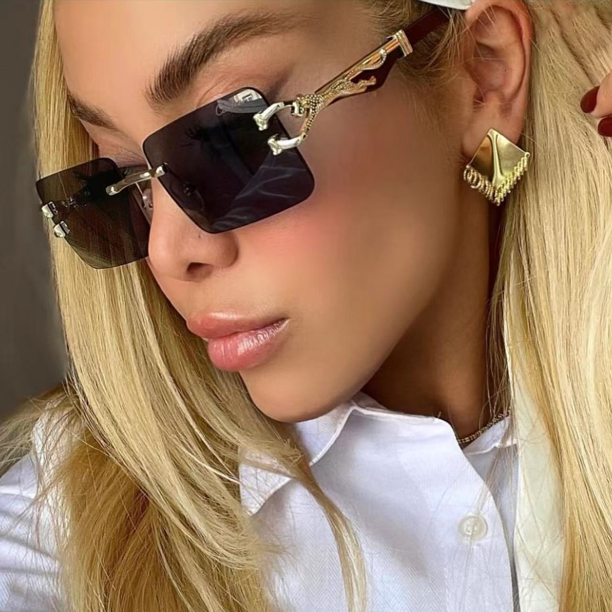 Luxury Brand Designer Sunglasses Vintage Frameless Sunglasses For Women, Personality Leopard Wood Grain Temple Square Frame Sunglasses For Men, Trendy