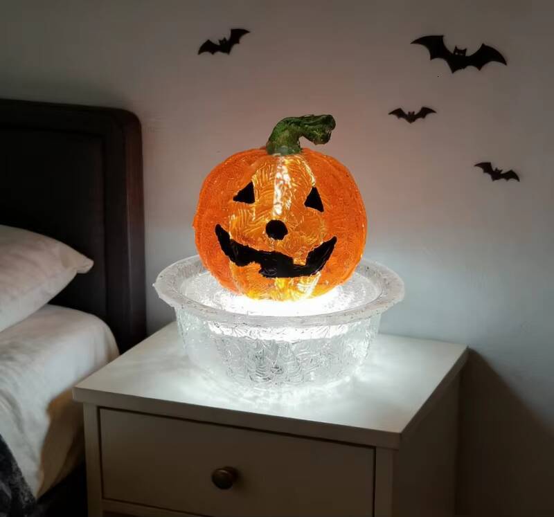 Halloween Pumpkin Lantern Fountain USB Powered Transparent Resin Desktop Ornament for Home Party Decoration