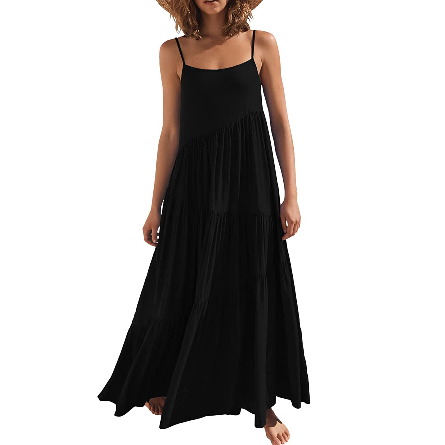 X43224 Amazon Cross-Border Summer European Women's Loose Solid Color Pleated Irregular Dress Beach Skirt