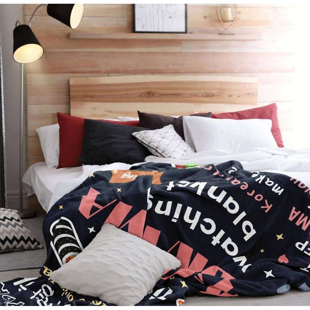 K-Drama Watching Korean Drama Quote &Food Pattern Cozy Warm Soft Flannel Throw Blanket Sofa Bed Couch for Home Decor W260120