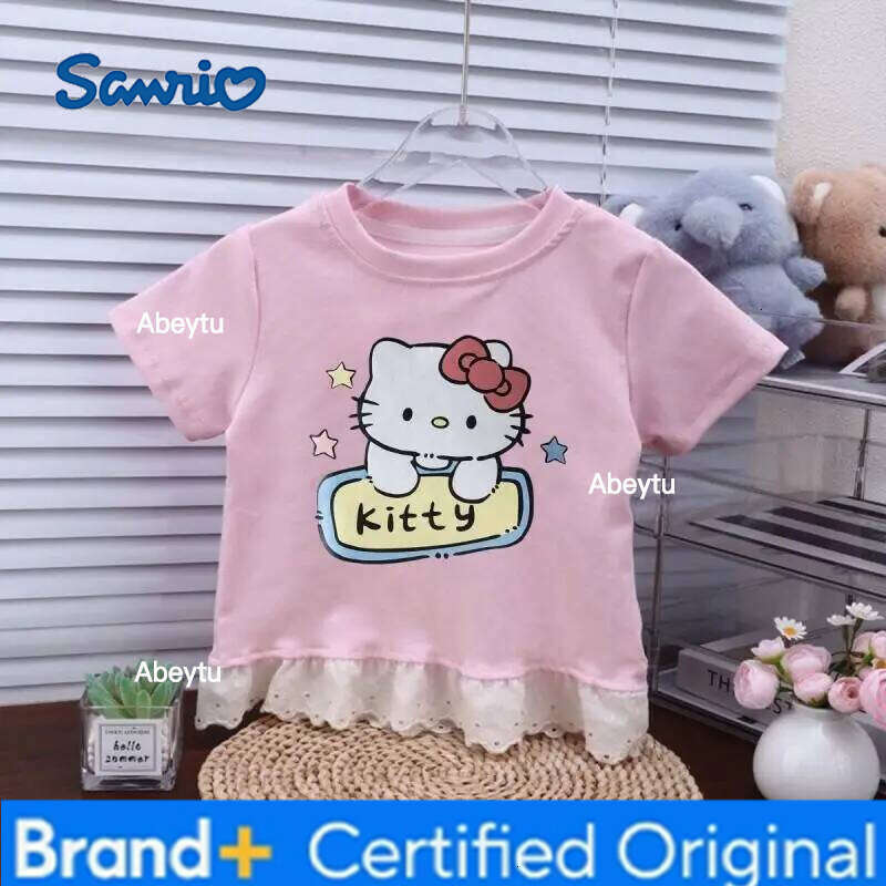 Sanrio Hello Kitty Short Sleeve Blouse with Lace Trim Baby Girls Summer Tee Season Korean Style New Bow Sweet Cute T-Shirt H260120