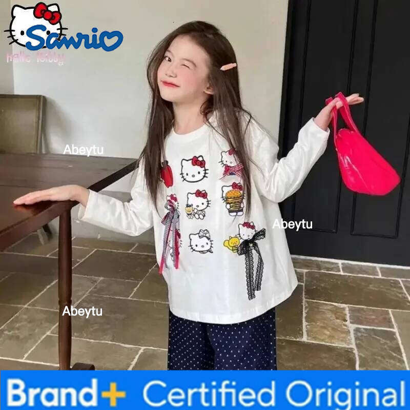 Sanrio Hello Kitty Girls Anime Cartoon Bow T Shirt Kawaii Spring and Autumn New White Print Long Sleeve Fashionable Versatile H260120