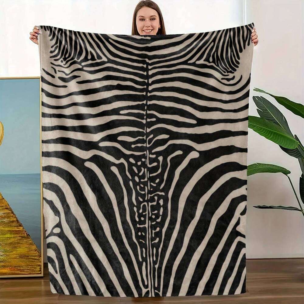 Zebra Print Flannel Throw Blanket, Soft Warm All-Season Decorative Cover for Bed Sofa, Modern Style Home Decor Gift W260120