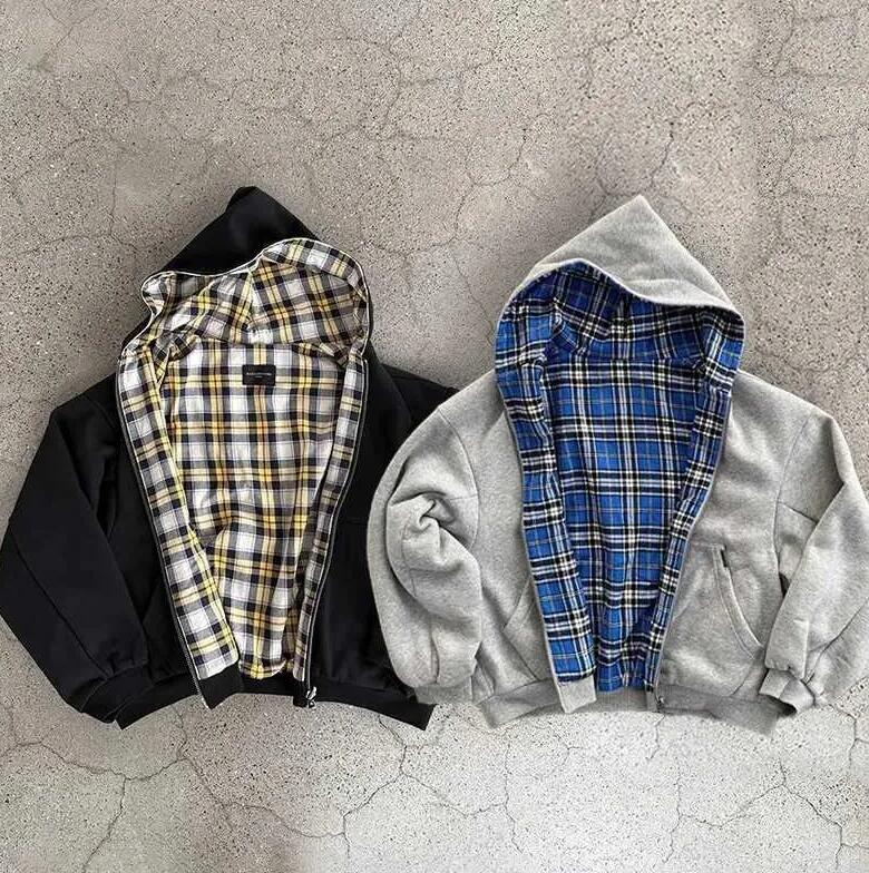 Spring fall Men's fashion Casual Reversible Hoodies hoody jacket Zip Up Hoodie Plaid Lining Solid Color Retro Sweatshirt clothes