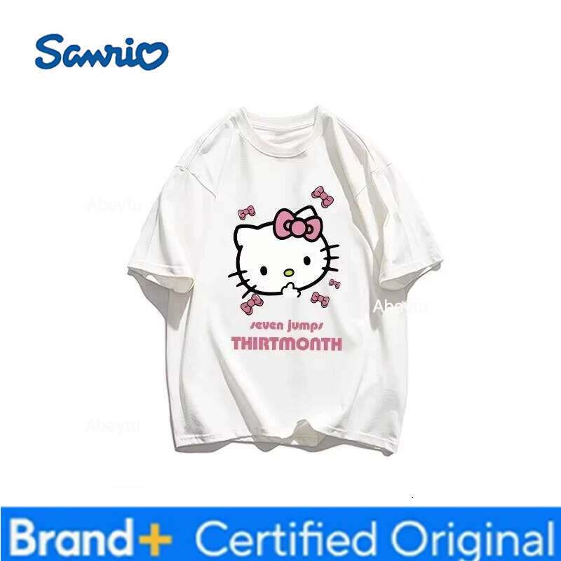 Sanrio MINISO Super Cute Hello Kitty Women's Summer T-shirt Y2K Retro Loose Casual Short-sleeved Kaway Tops H260120