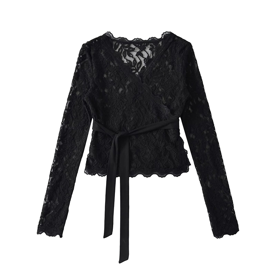 Women's Blouses Blouse Lace Wrap Sexy V Neck Long Sleeve Irregular Hem See Through Sweet Casual Elegant Tops For Autumn