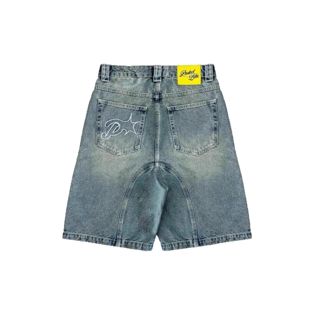 Vintage Y2k Men Women Harajuku Short Jeans Washed Embroidery American Retro Man Denim shorts Summer Loose Hip Hop Streetwear 260119
