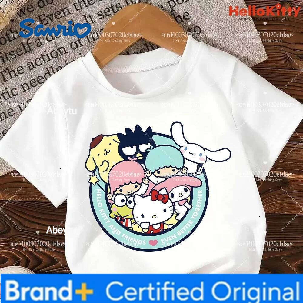 Sanrio 2026 Cute Hello Kitty T-Shirt Set Kids Girls Summer Y2K Loose Short Sleeve Top Female Dark Print Sweet Harajuku Clothes H260120