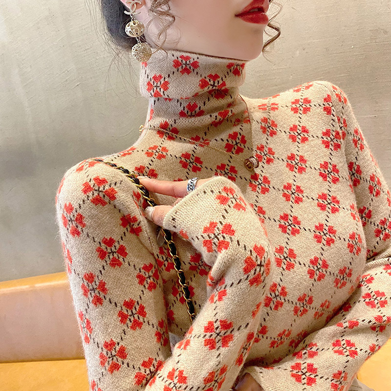 Women Knitwear Fashion Slim Letter Jacquard Pullovers Autumn Winter Soft Elastic Turtleneck Commute Sweaters 250724