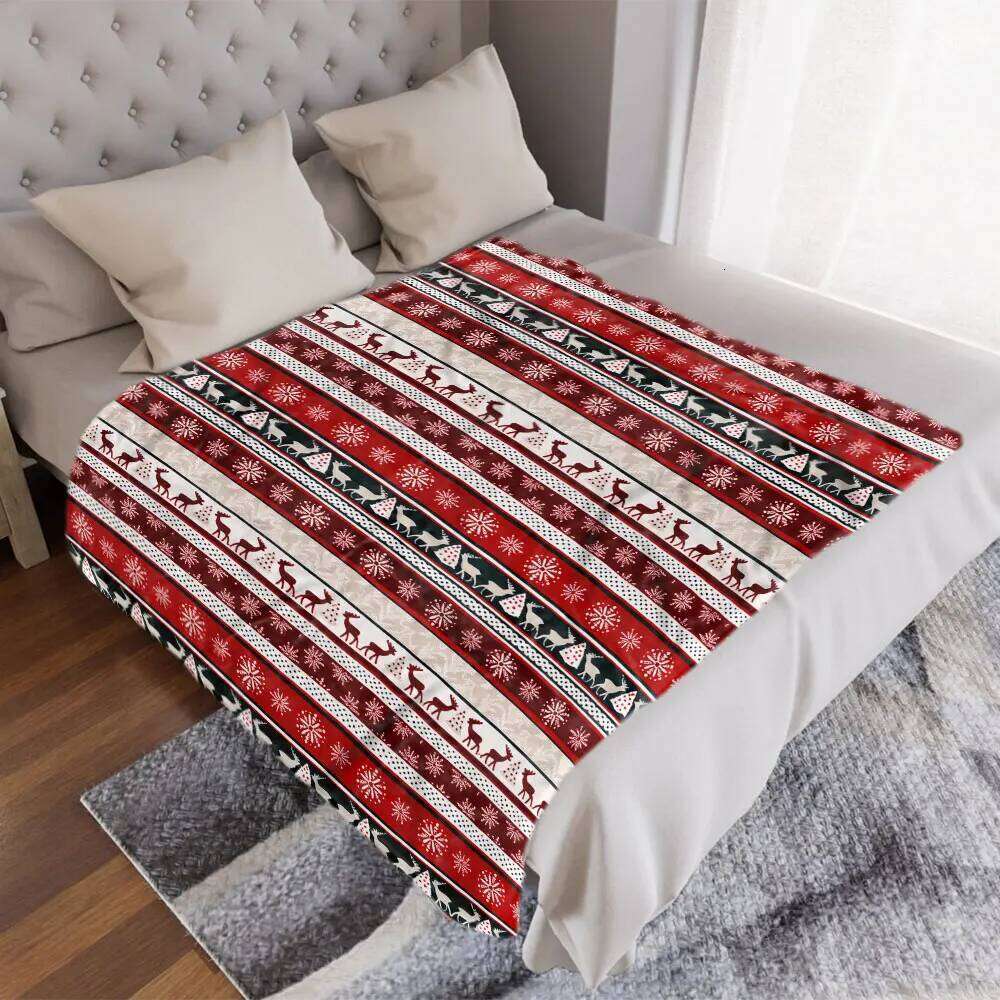 Striped Blanket Traditional Red/White/Black Design with Snowflakes, Reindeer, Christmas Trees - Festive Throw for W260120