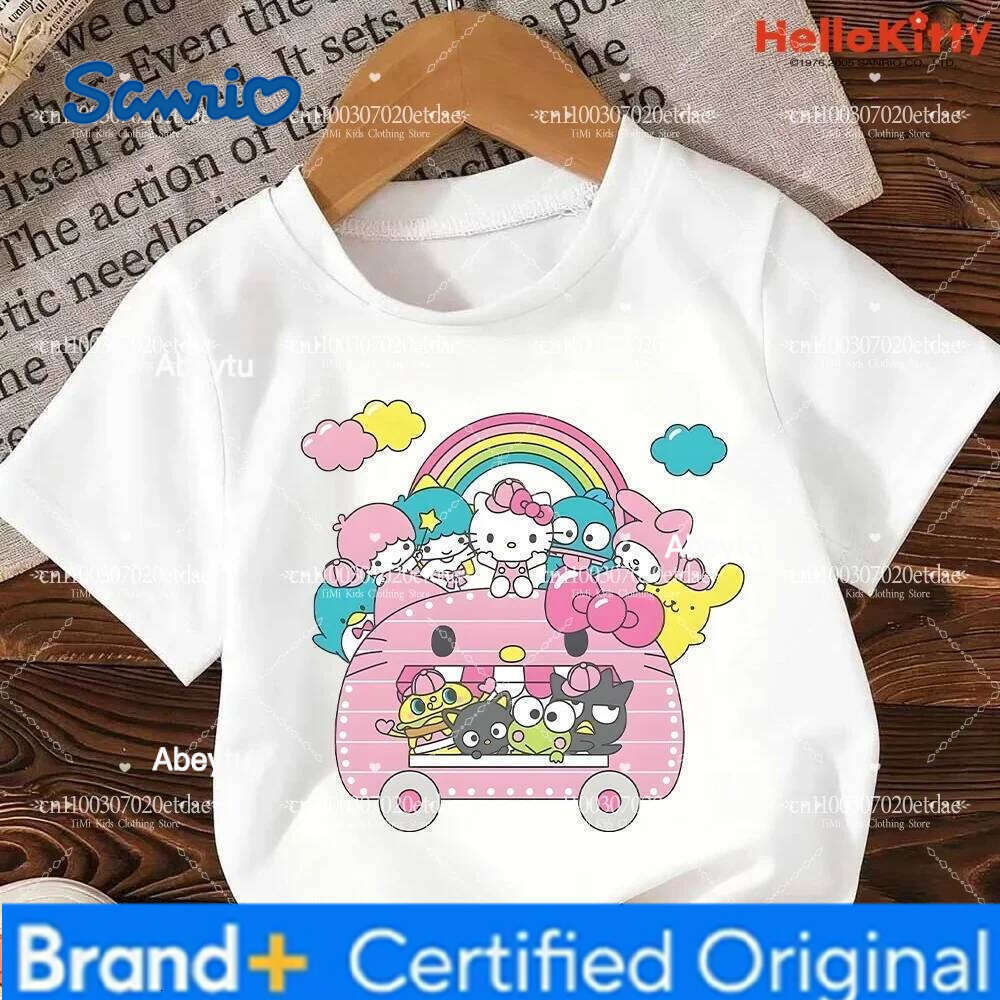Sanrio 2026 Cute Hello Kitty T-Shirt Set Kids Girls Summer Y2K Loose Short Sleeve Top Female Dark Print Sweet Harajuku Clothes H260120
