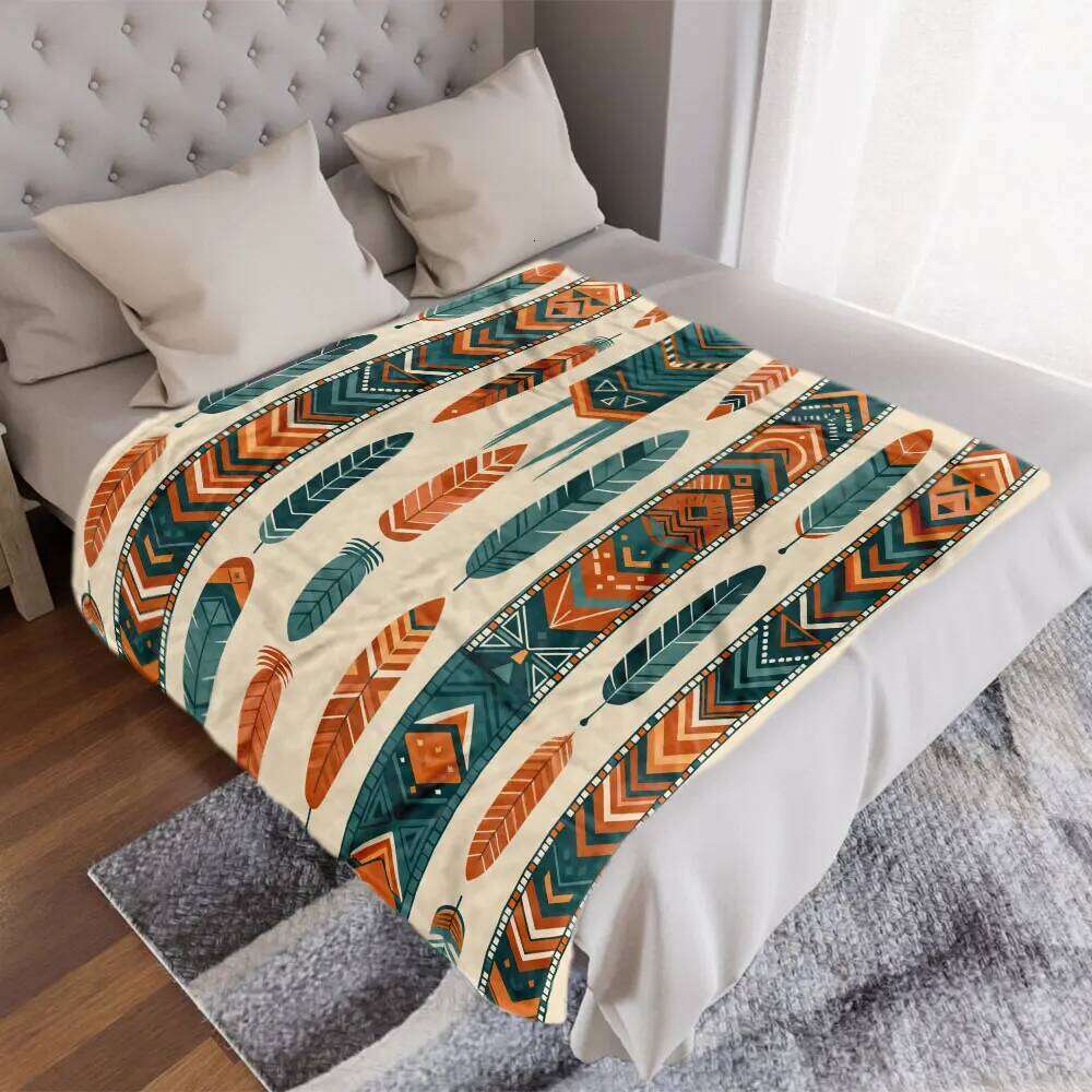 Tribal Pattern Throw Blanket - Intricate Feather & Geometric Art, Light Off-White Background, Symmetrical Design for Textiles W260120