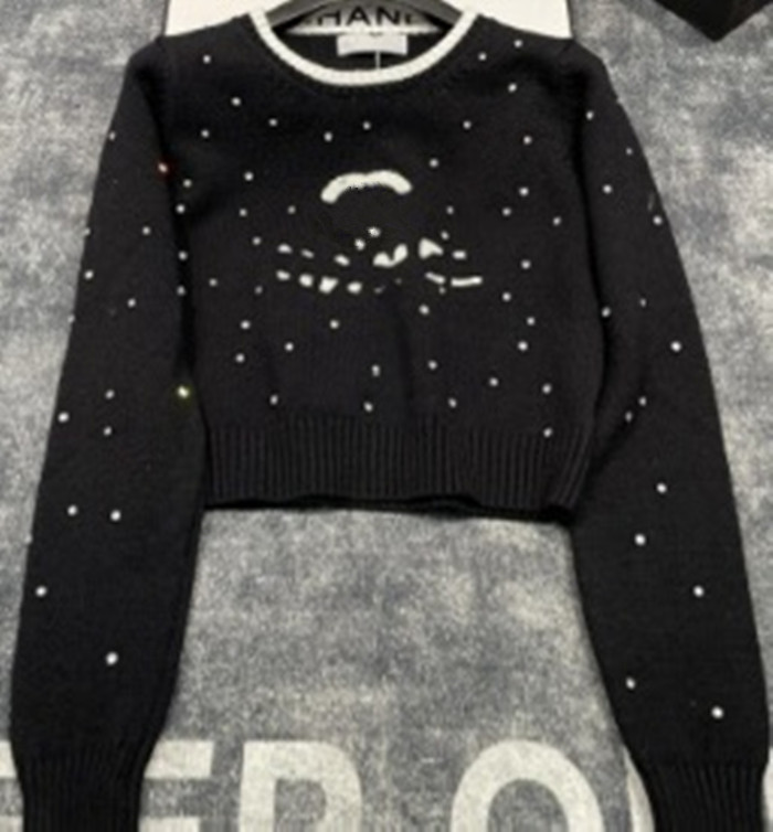 C new style nail bead rhinestones letter decorated round neck sweater long sleeve sweater short top