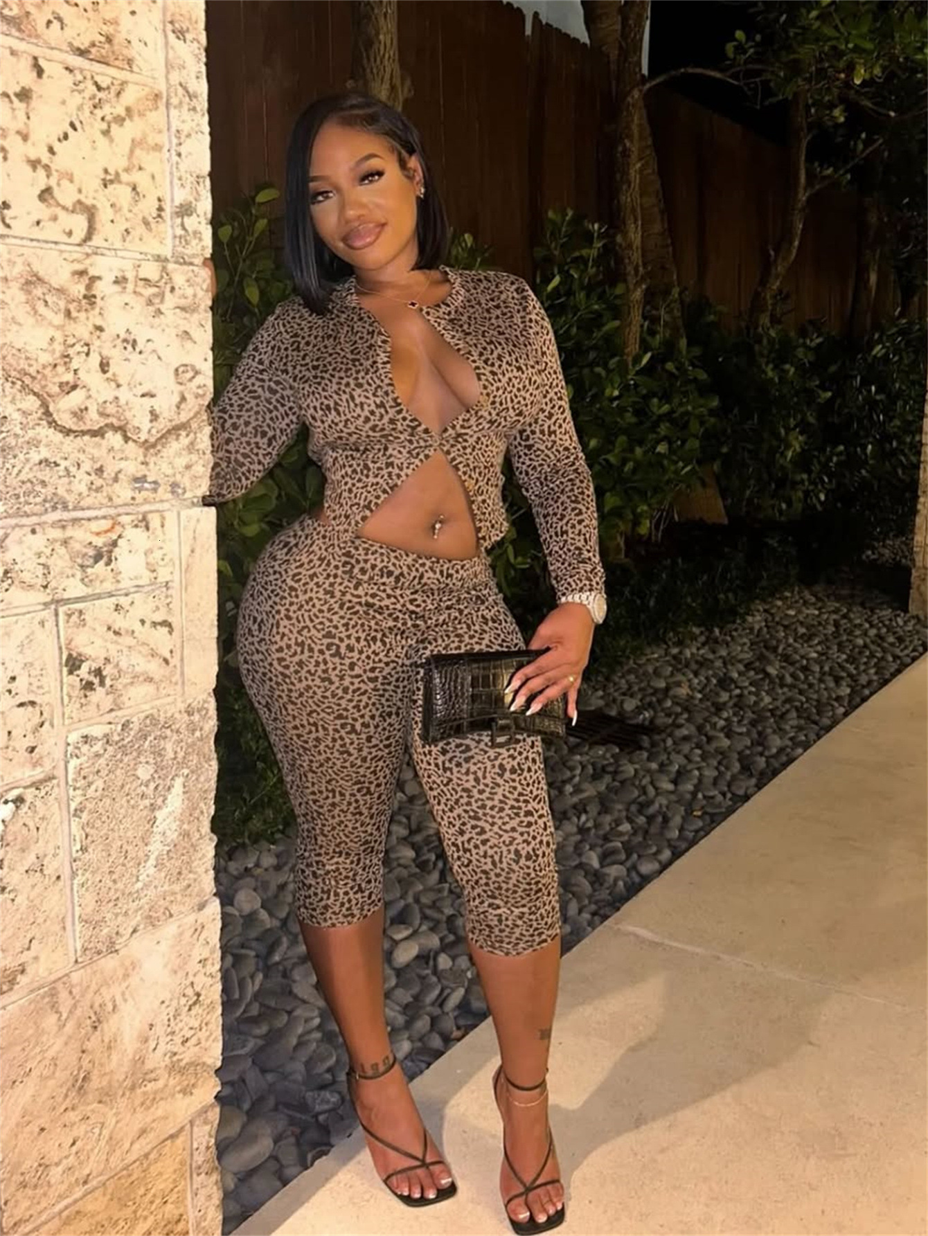 Chic Printed Tight Fitting Elastic Women Pants Suit Casual Long Sleeve Round Neck Slim Top Set 2025 Lady Spring Commute Outfits 250214