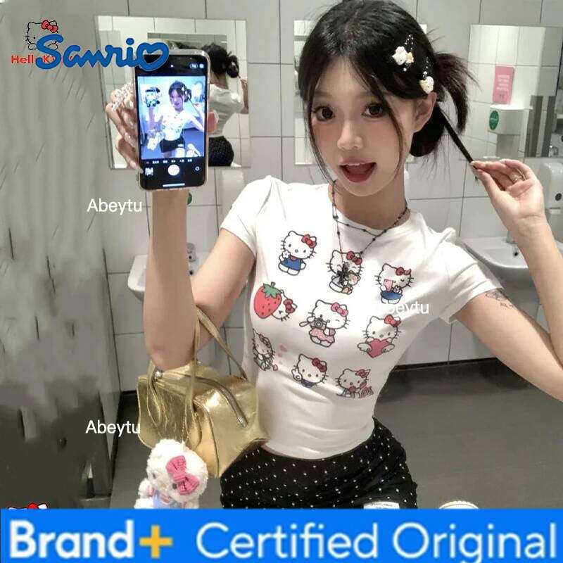 Sanrio Y2K Kawaii Anime Hello Kitty Women White T-Shirt Summer Cotton Cartoon Printing Short Sleeve Trend Crop Tops Girl Gift Clothes H260120