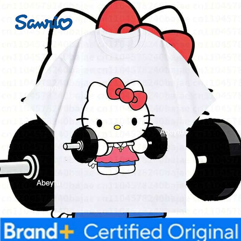Sanrio New Fitness Barbell Hello Kitty Summer Trendy Women's Fashion T-shirt Loose Casual Versatile Short Sleeve Top H260120