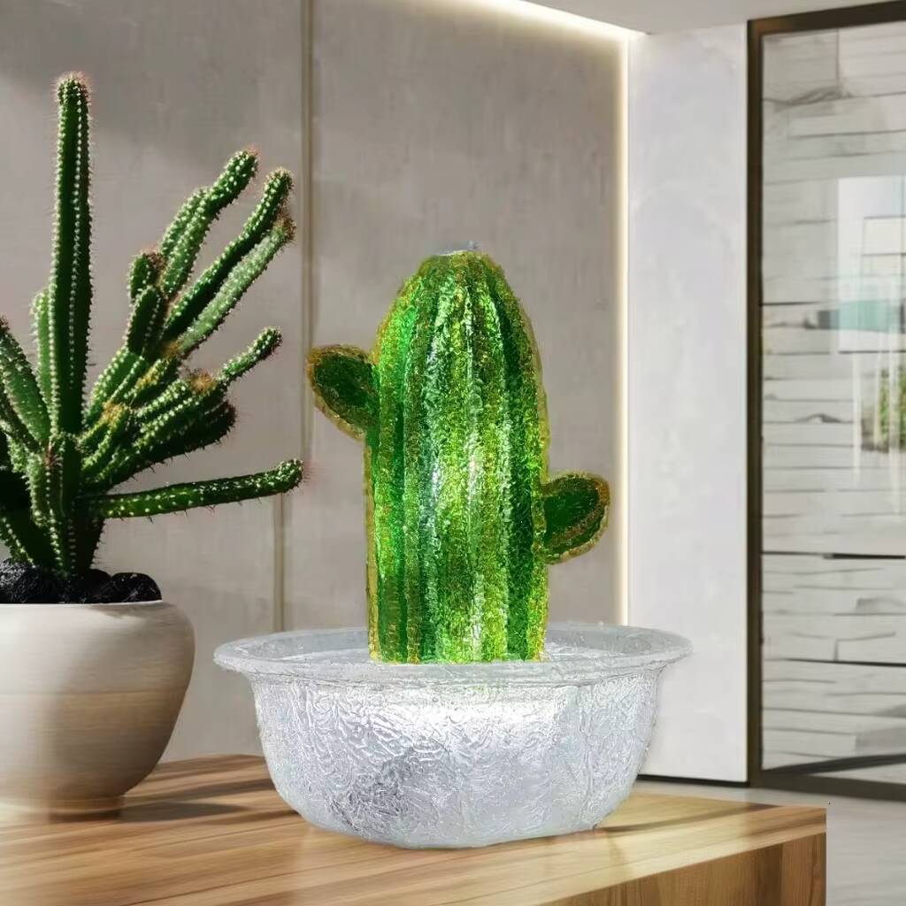 Vivid white LED Warm Light Cactus Transparent Resin Tabletop Water Fountain with USB Cable