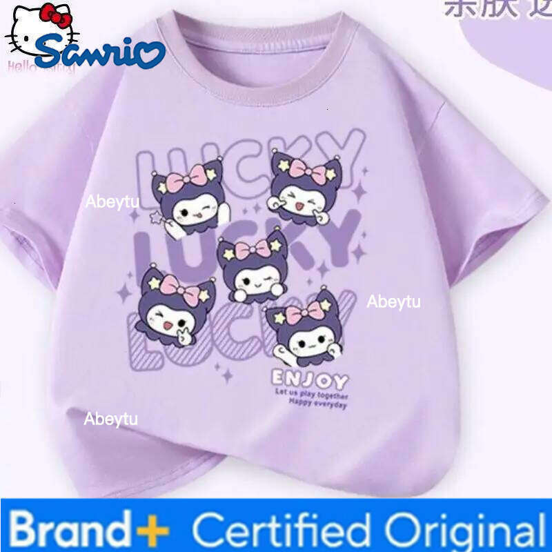 Sanrio Kuromi Kawaii Girls T Shirt Anime Cartoon New Short Sleeved Summer Fashionable Loose Simple Round Neck Breathable Cotton H260120