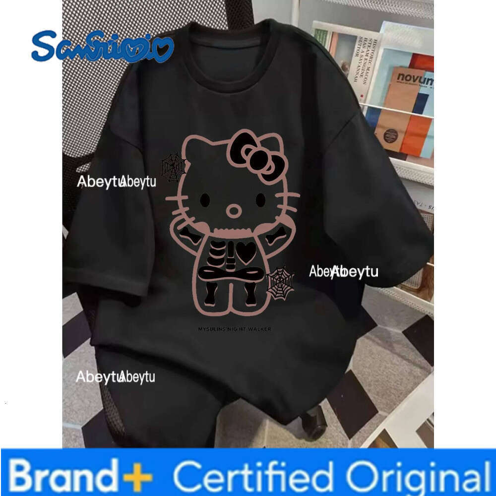 Sanrio Summer Ladies' Hello kitty Cartoon Pattern Casual short-sleeved round-neck printed T-shirt, fashionable casual top H260120