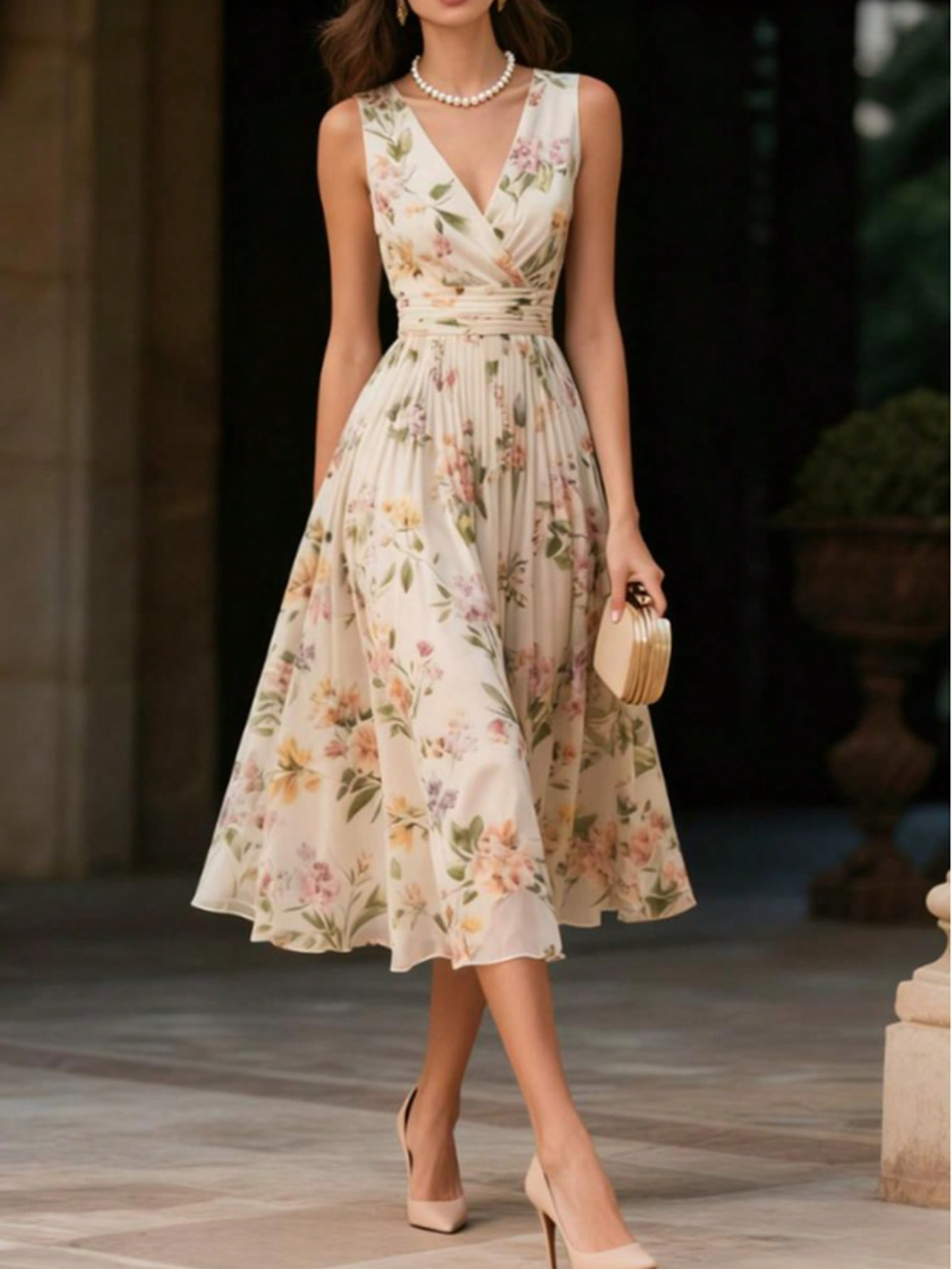 French Elegance Romantic Sleeveless Floral Print Dress N004