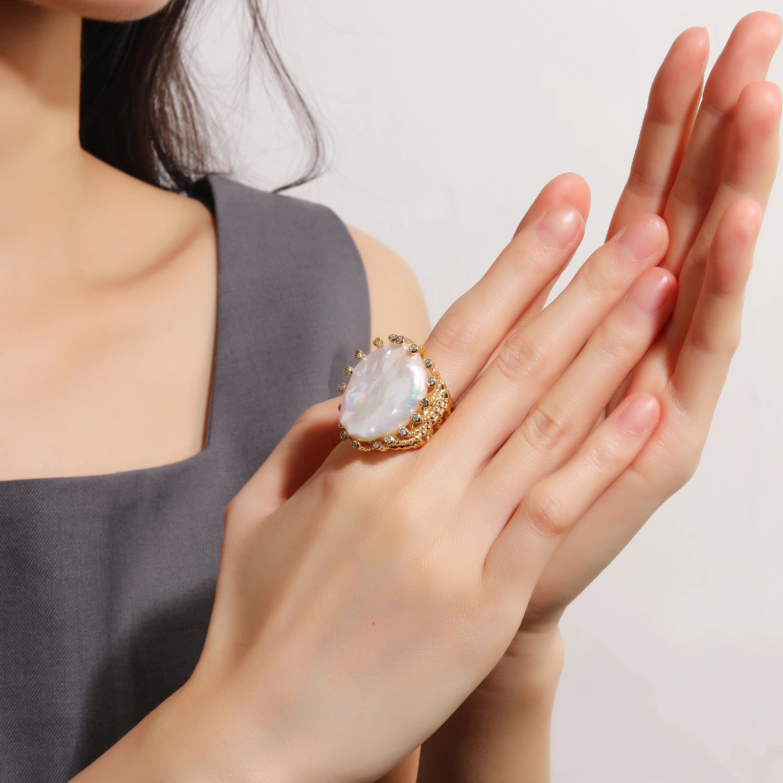 Resizable Natural Freshwater White Coin Pearl Ring Zirconia Party Anniversary Jewelry for Women Lady Gift 260119