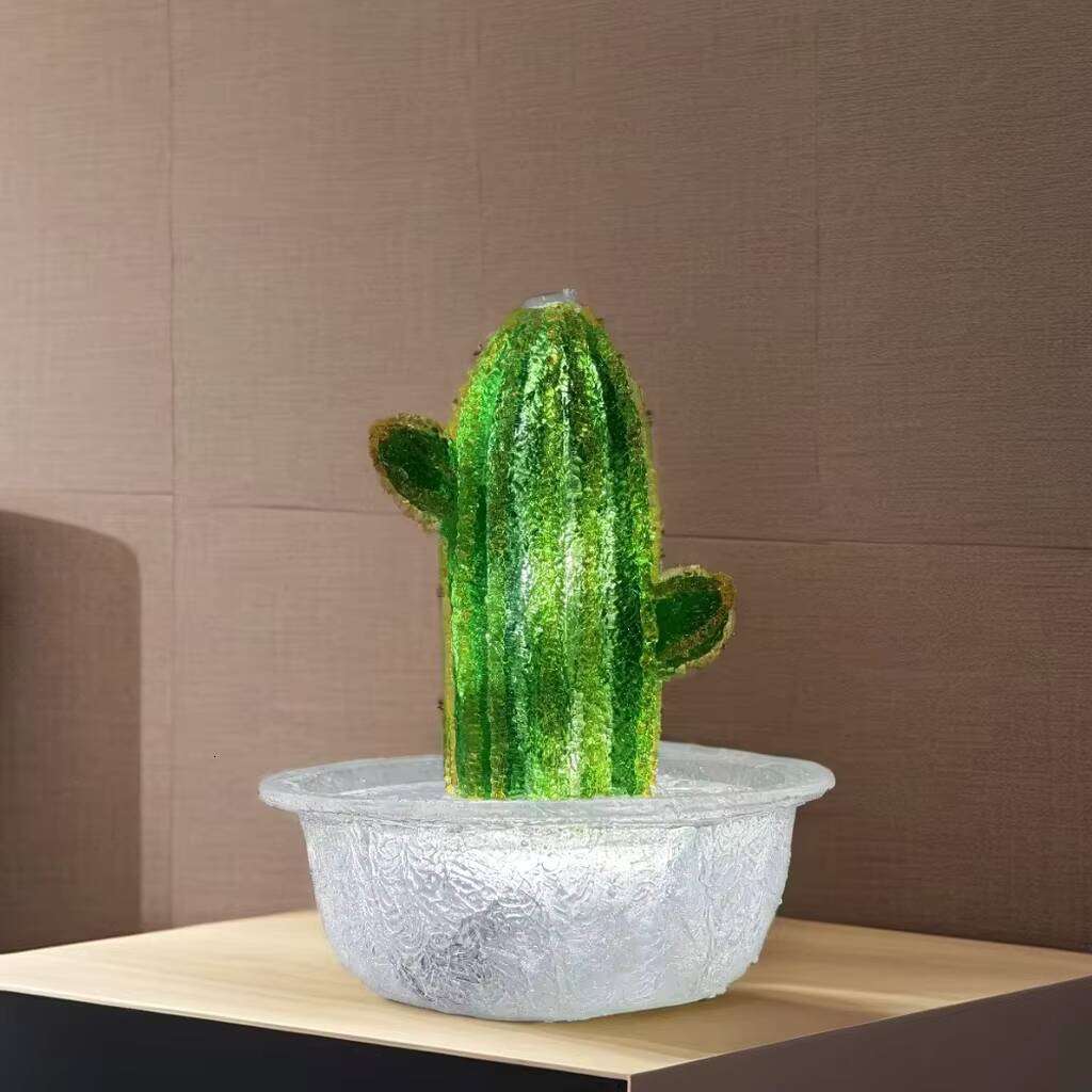 Vivid white LED Warm Light Cactus Transparent Resin Tabletop Water Fountain with USB Cable