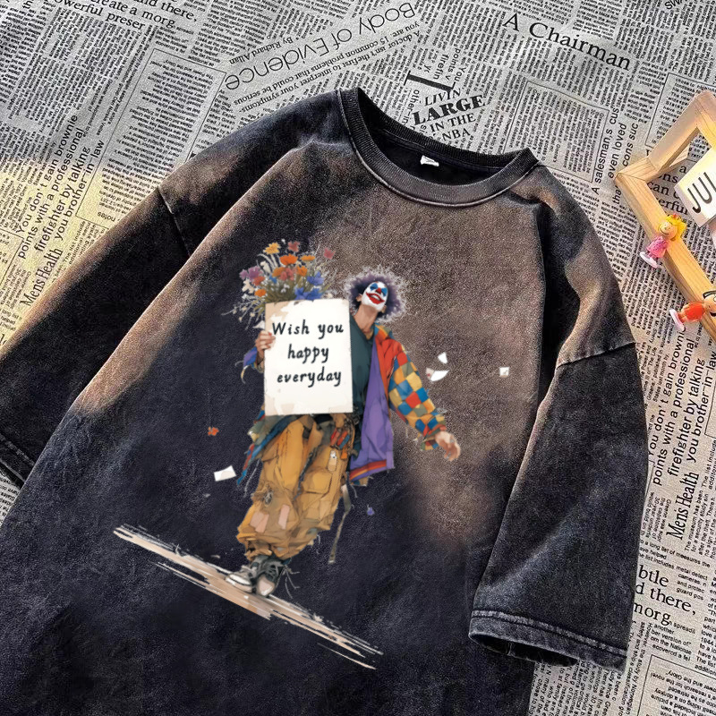 American Vintage Washed Distressed Clown Print Cotton T-Shirt Men's Summer Crew Neck Versatile Casual Graphic Tees