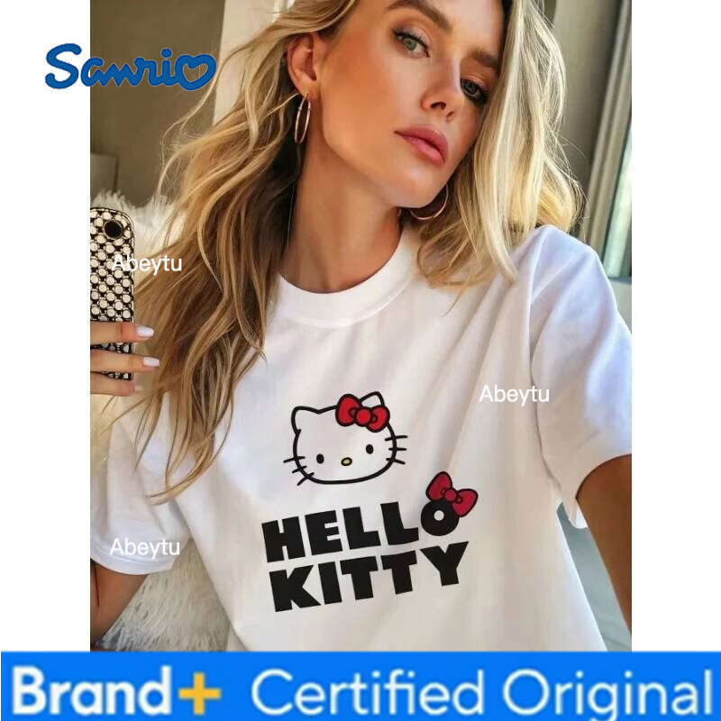Sanrio Women's Casual Cartoon Printed Round Neck Cotton Short Sleeved T-shirt Top Kuromi My Melody Hello Kitty Y2K H260120