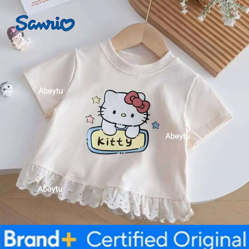 Sanrio Hello Kitty Short Sleeve T Shirt Tops Lace Bow Girls Summer Korean Style New Sweet Fashionable Cute Elegant Kawaii Tee H260120
