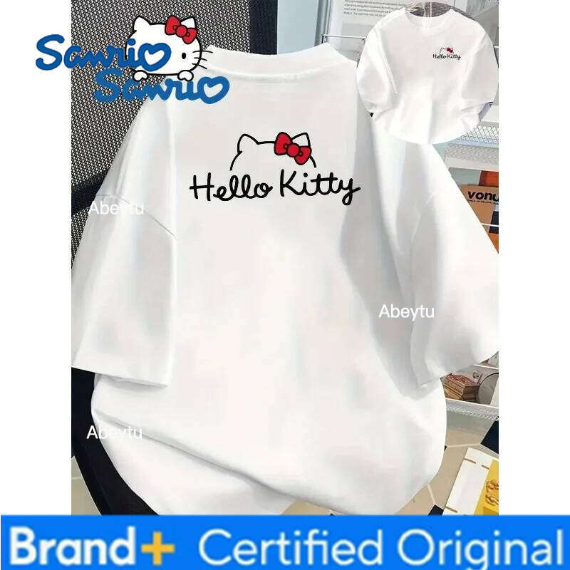 Sanrio Official Hello Kitty Women's Cute Red Bow Pattern Top Soft Round Neck Style Fan Birthday Party T-Shirt H260120