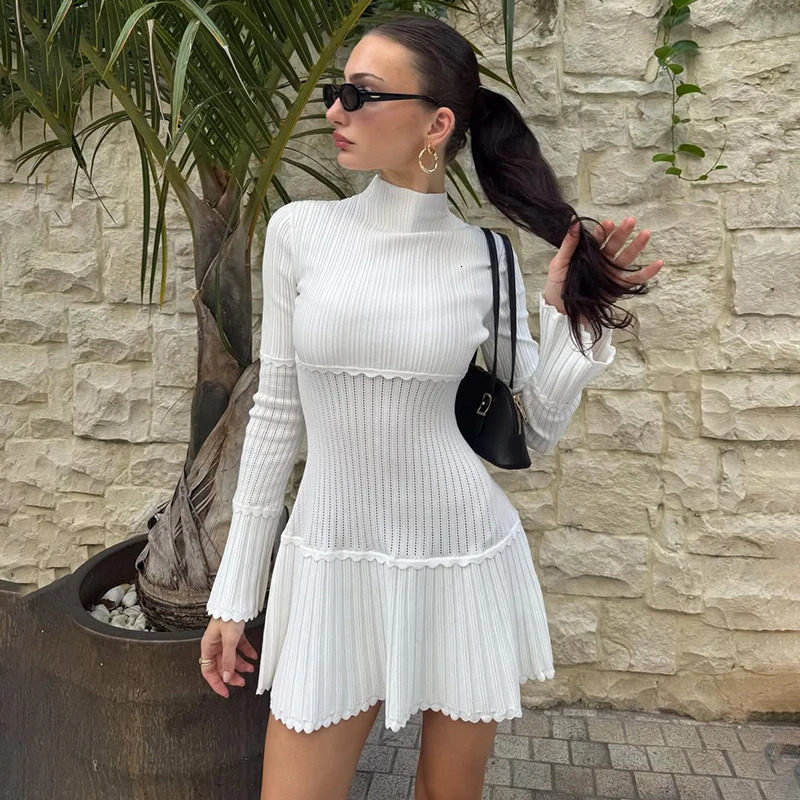 Tornova Fashion Hollow Knitted Dress For Women Long Sleeve Splice Elegant Slim Mini Dress Ruched Summer Party Dress Lady 260119